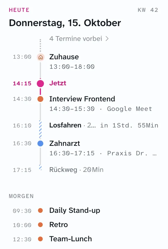 Tagesroute: Zuhause ab 13 Uhr, Jetzt um 14:15, Interview, Losfahren um 16:10, Zahnarzt, Rückweg