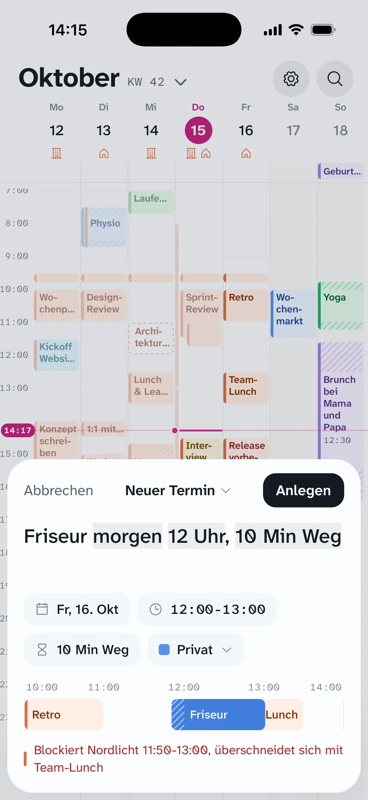 Schnellerfassung: „Friseur morgen 12 Uhr, 10 Min Weg“ mit erkannten Teilen und dem Hinweis auf eine Überschneidung